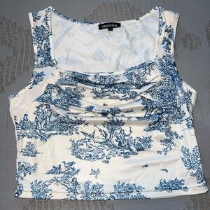 Blue and White Ruched Cropped Tank Top